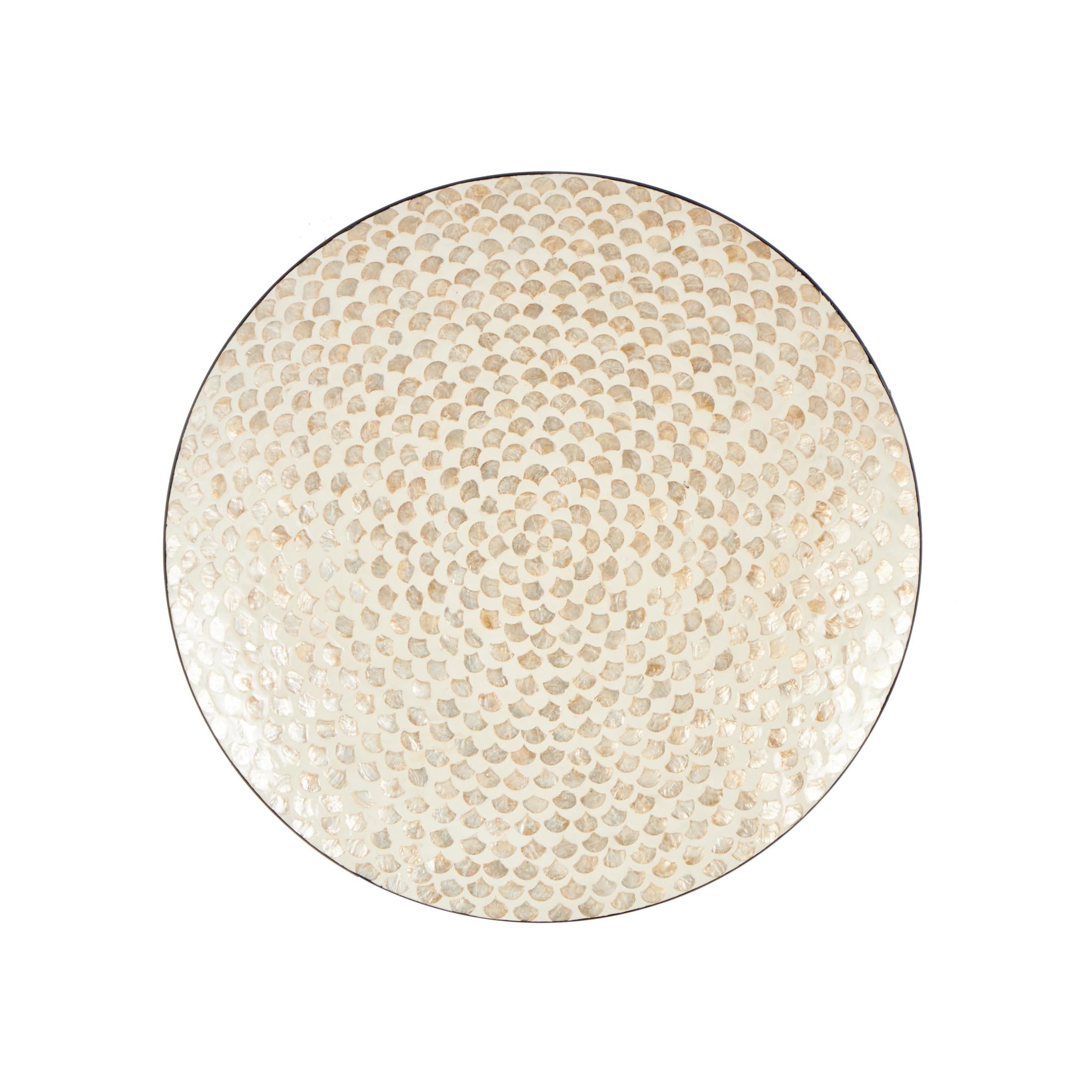 DecMode Cream Mother of Pearl Shell Round Disc Geometric Wall Decor with Black Frame