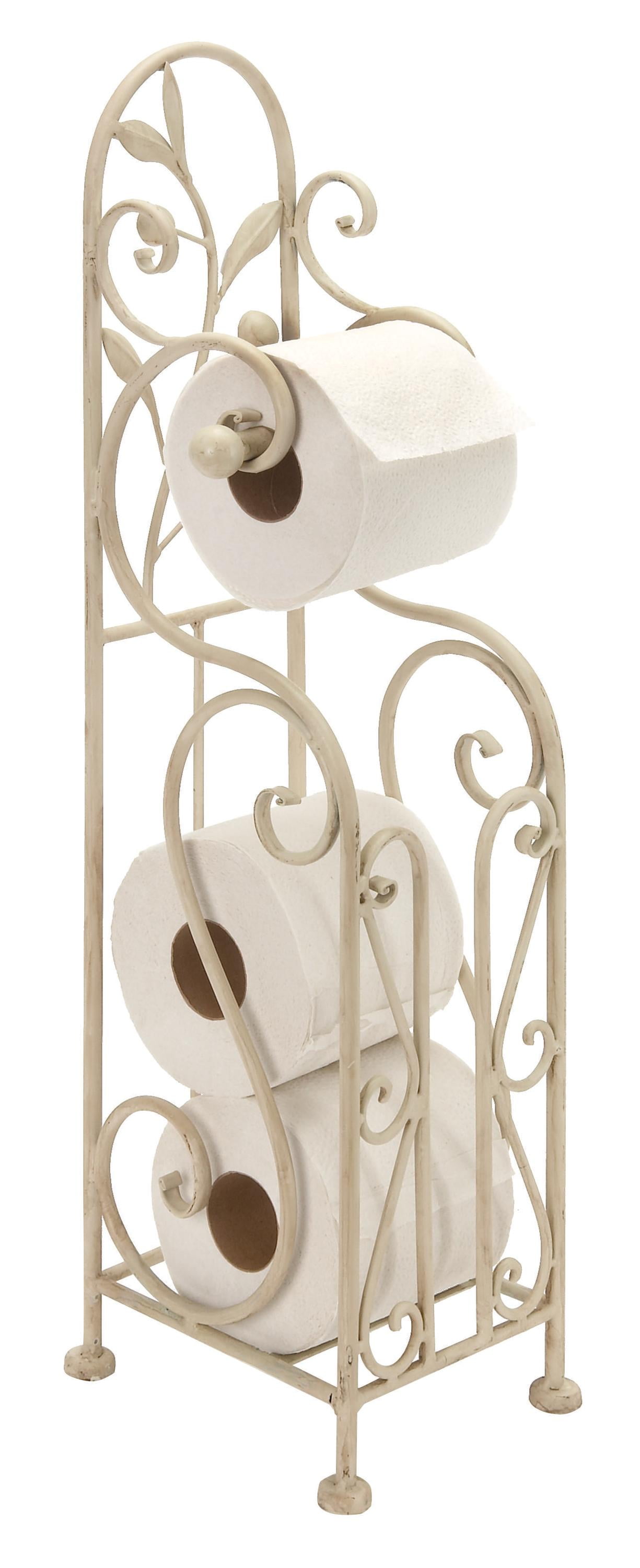 Ivory White Metal Freestanding Toilet Paper Holder with Scroll Design
