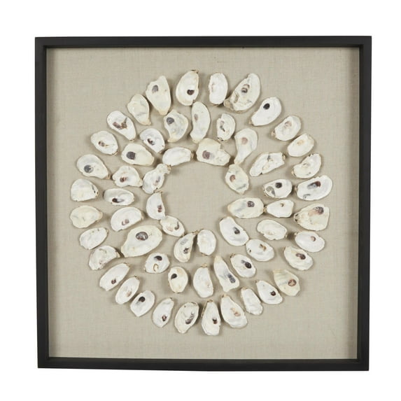 DecMode Cream Shell Handmade Abstract Circular Shell Wall Decor with Beige Linen Backing and Black Frame