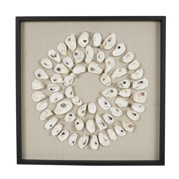 DecMode Cream Shell Handmade Abstract Circular Shell Wall Decor with Beige Linen Backing and Black Frame