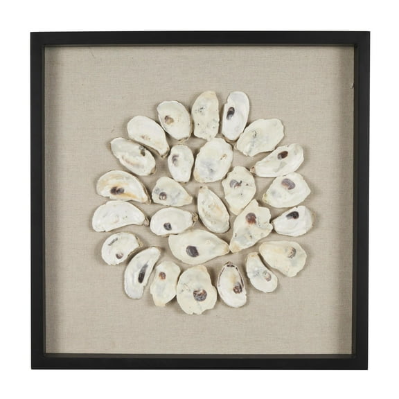 DecMode Cream Shell Handmade Abstract Circular Shell Wall Decor with Beige Linen Backing and Black Frame