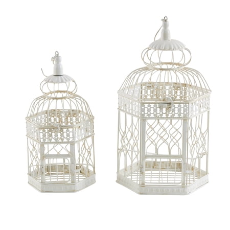 DecMode Cream Vintage Metal Birdcage Crisscross Bars and Floral Embossed Design, Set of 2 21", 18"H