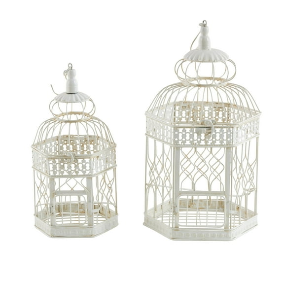 DecMode Cream Vintage Metal Birdcage with Crisscross Vertical Bars and Floral Embossed Design, Set of 2 21", 18"H