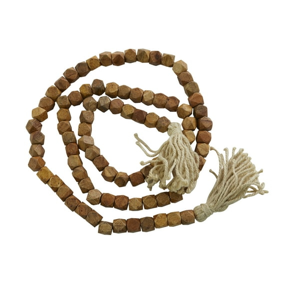 DecMode Dark Brown Wood Bohemian Garland Décor with Geometric Bead Details and Cream Cotton Tassel, 82"L