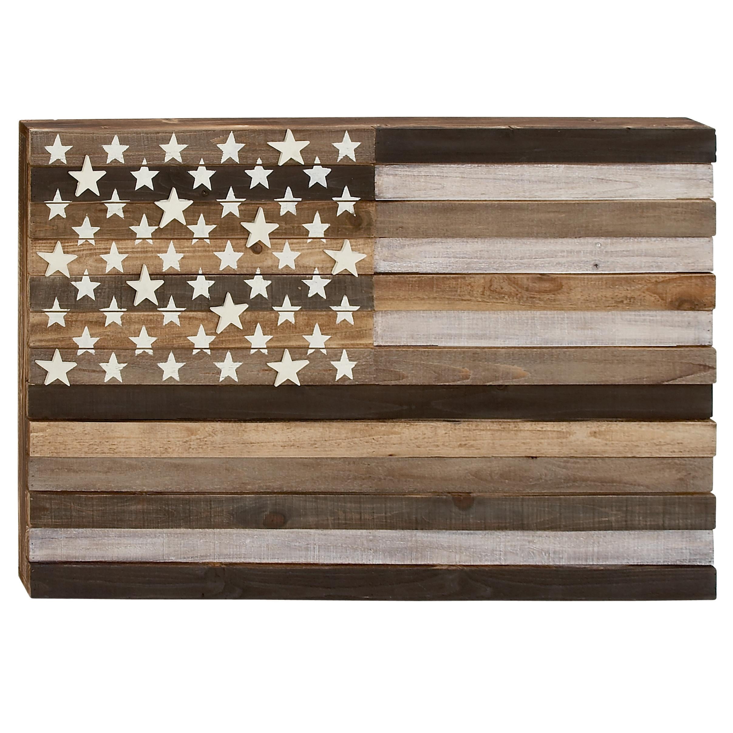 Handmade Washed Brown and Cream Wood American Flag Wall Decor