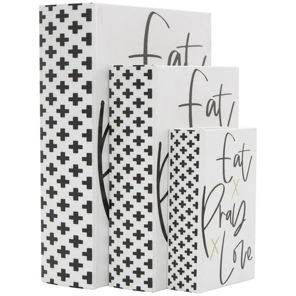 DecMode Eat, Pray, Love Faux Storage Book White Wooden Decorative Box with Checkered Spine and Gold Accents, 3 Count