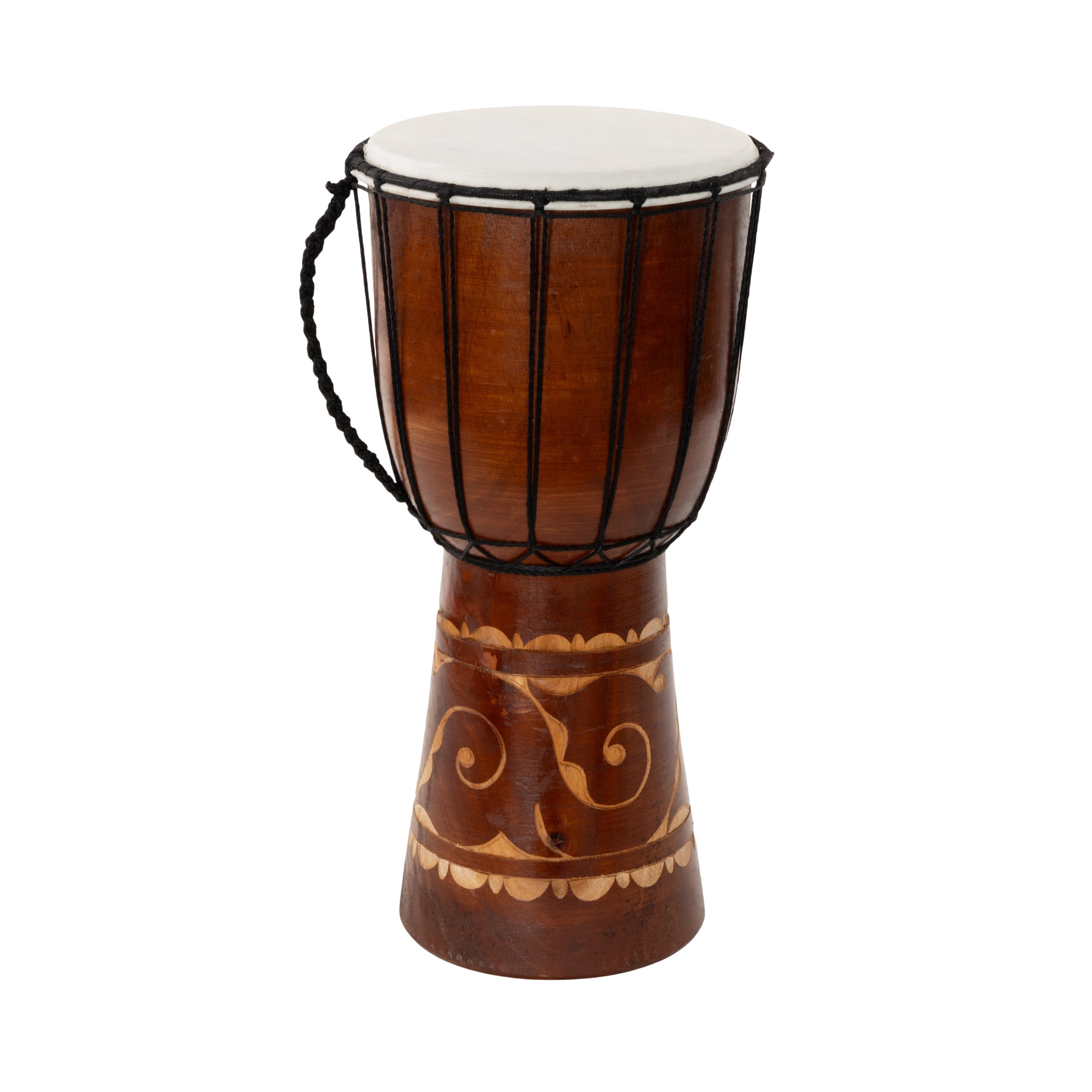 DecMode Eclectic Handmade Djembe Wood Drum Sculpture, 9"W x 16"H Features Ornate/Cow Leather Top Details and Polished Brown Finish