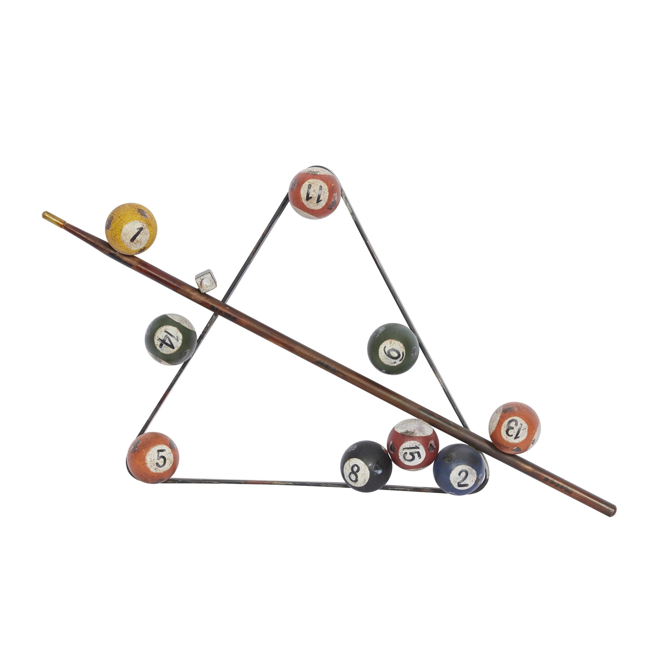 DecMode Eclectic Metal Multi Colored Billiard Set with Billiard Balls, Triangle Rack and Cue Stick Wall Décor, 30"W x 15"H