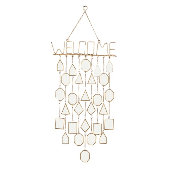 DecMode Eclectic Metal White "Welcome" Windchime with Reflective Geometric Shapes, 15"W x 36"H