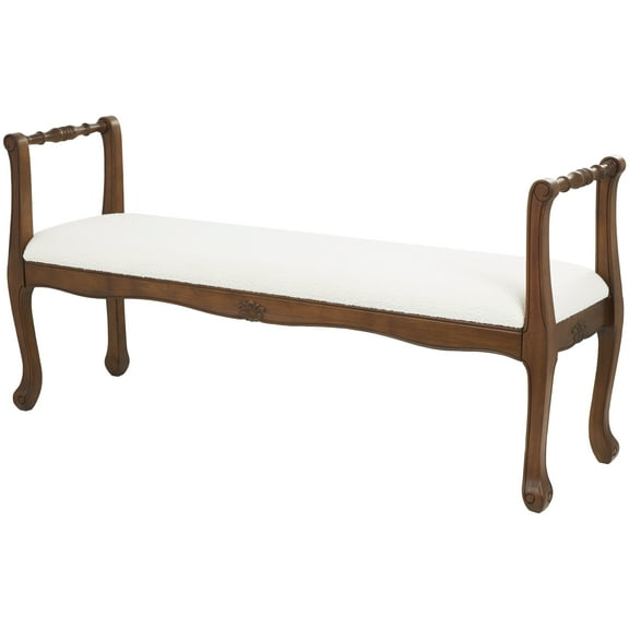 DecMode Fabric Arm Bench with Brown Traditional Wood Turned Legs, Cream