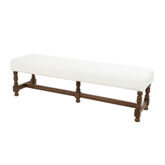 DecMode Fabric Bench with Brown Traditional Wood Turned Legs, Cream