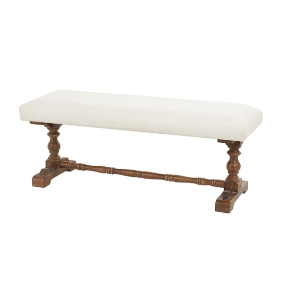 DecMode Fabric Bench with Brown Turned Legs, Cream