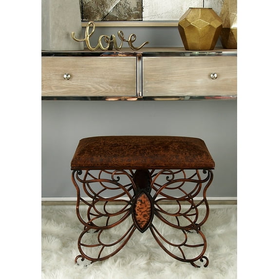 DecMode Farmhouse Butterfly Metal and Leather Stool