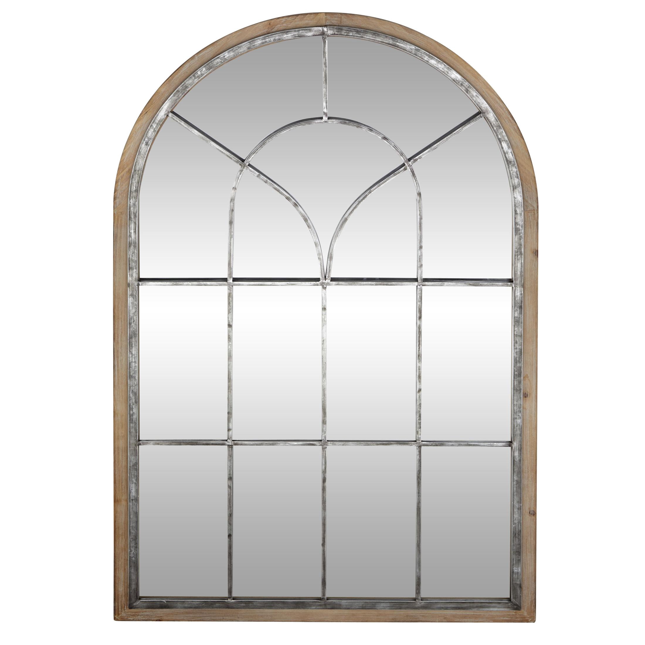 DecMode Farmhouse Glass Arched Window Pane Shape Wall Mirror with Distressed Brown/Whitewashed Finish, 33"W x 51"H