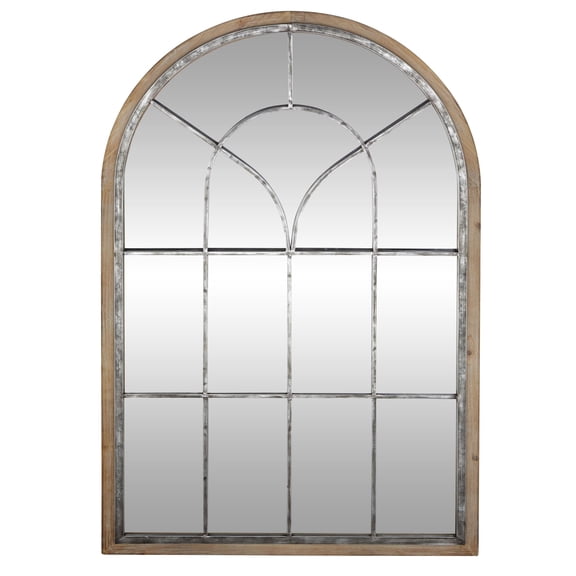 DecMode Farmhouse Glass Arched Window Pane Shape Wall Mirror with Distressed Brown/Whitewashed Finish, 33"W x 51"H