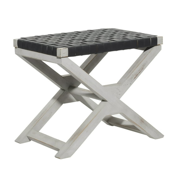 DecMode Farmhouse Pine Weave Patterned Rectangular Stool with Black Seat and White Distressed Finish, 23"W x 20"H