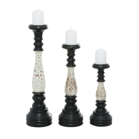 DecMode Farmhouse Wood Pillar Candle Holder with Distressed White and Black Finish, Set of 3 5"W x 16"H
