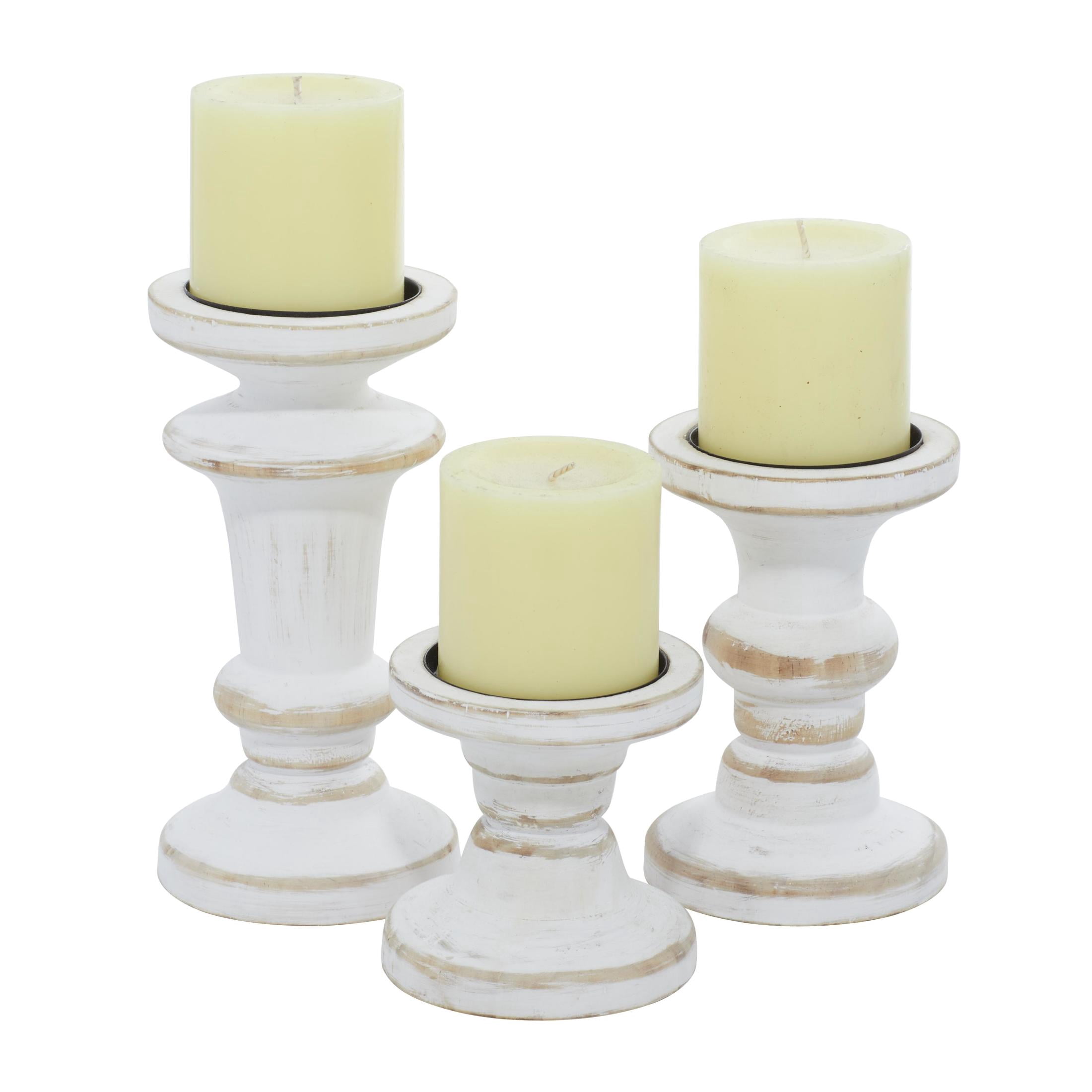 DecMode Farmhouse Wood Pillar Candle Holders, Set of 3, 8", 6", 4"H, White Distressed Finish