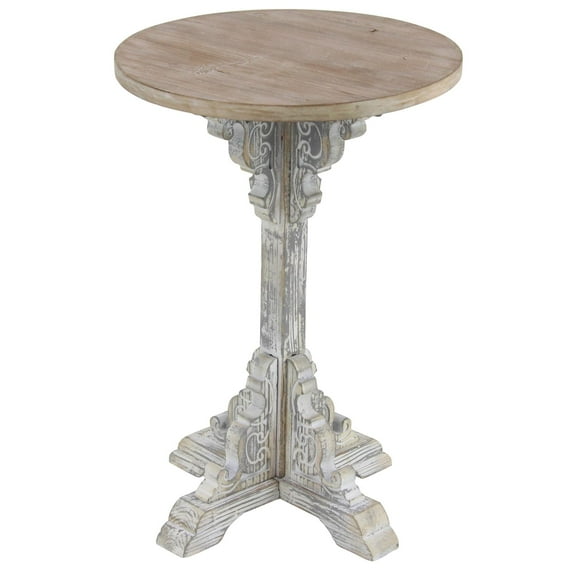 DecMode Farmhouse Wood Round Accent Table with Carved Floral Leg Stand and Brown/White Distressed Finish, 15"W x 23"H