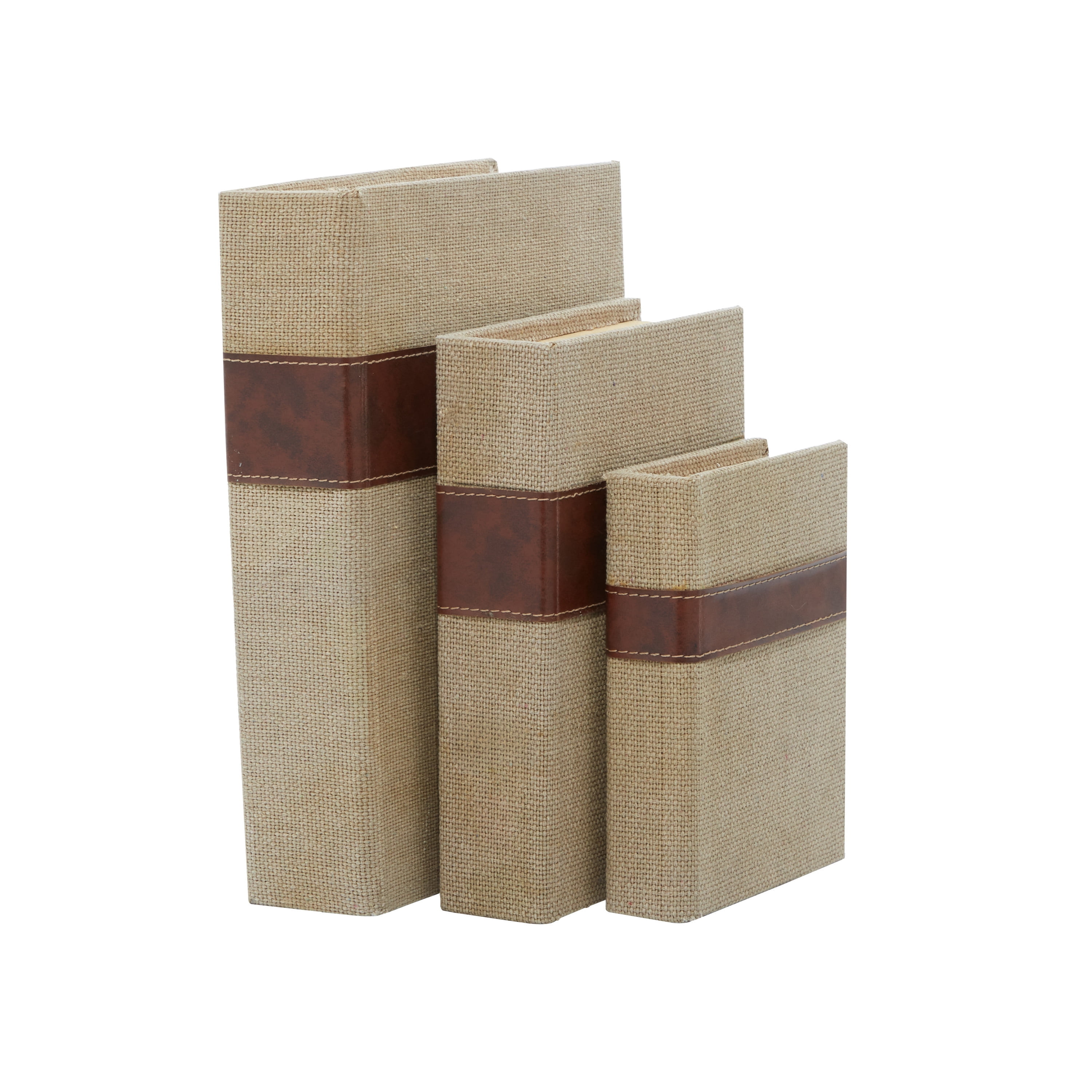 Set of 3 Beige and Brown Burlap Faux Leather Book Boxes