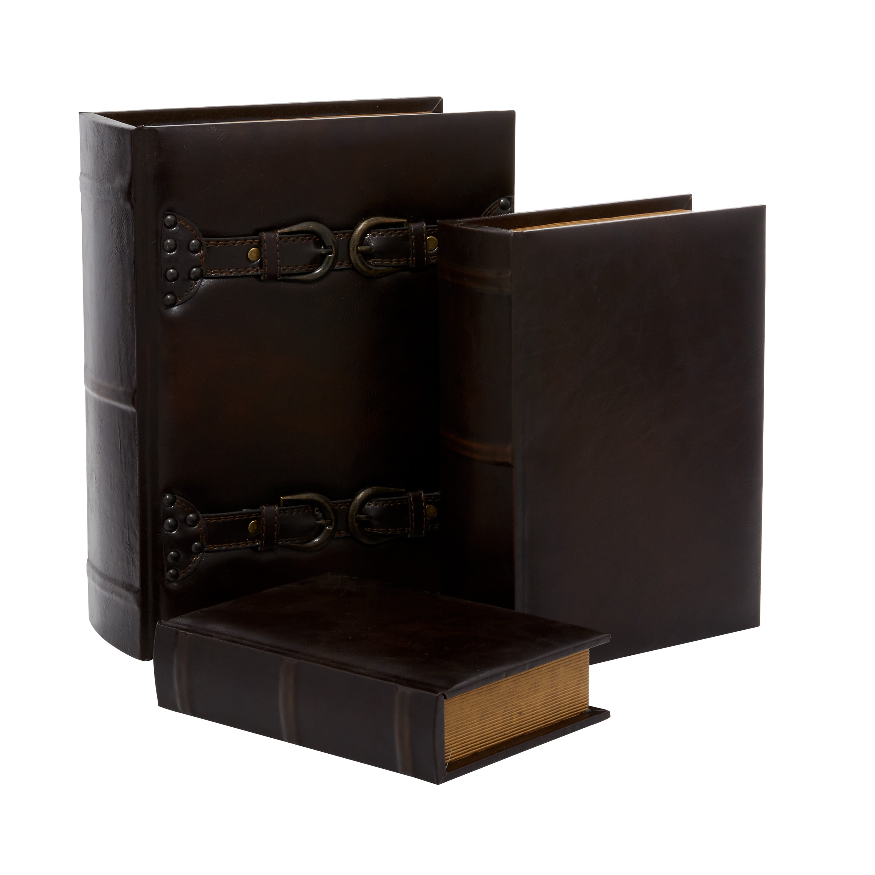 Dark Brown Faux Leather Book Shaped Decorative Storage Boxes, Set of 3