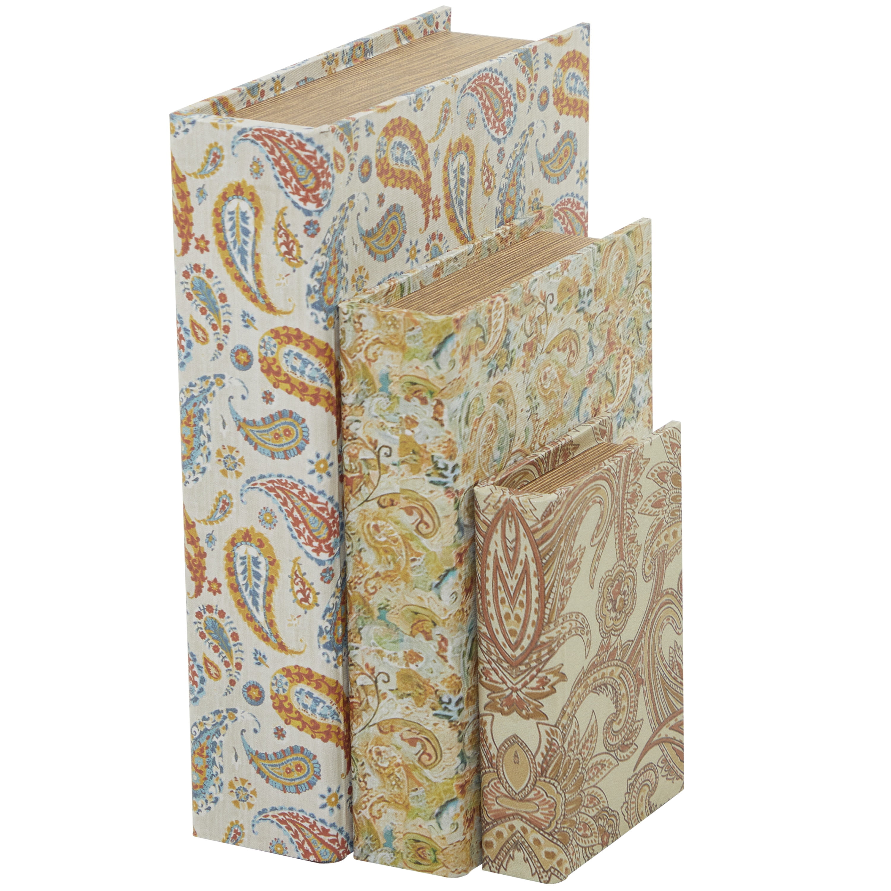 DecMode Faux Book Cream Canvas Decorative Box with Varying Patterns, 3 Count