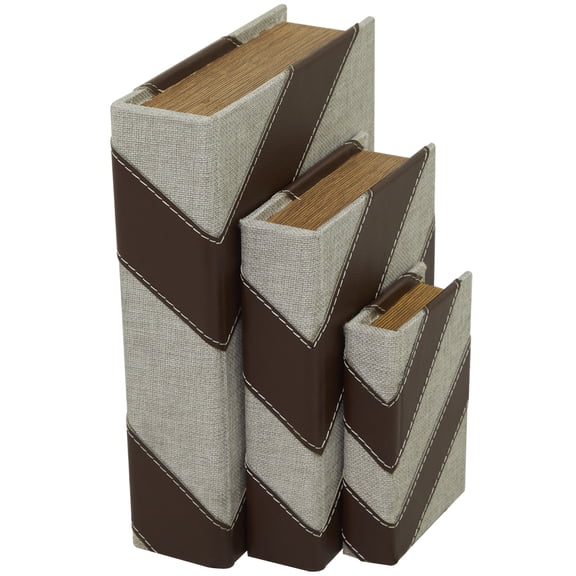 DecMode Faux Book Dark Brown Faux Leather Decorative Box with Chevron Pattern, 3 Count