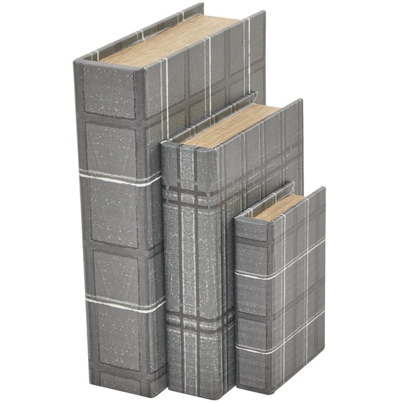 DecMode Faux Book Gray Faux Leather Decorative Box with Varying Patterns, 3 Count