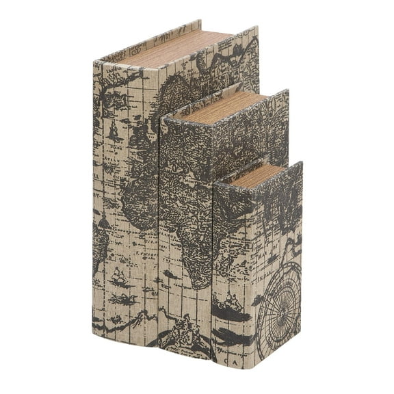 DecMode World Map Faux Book Storage Beige Linen Fabric Decorative Box with Black Continents, 3 Count