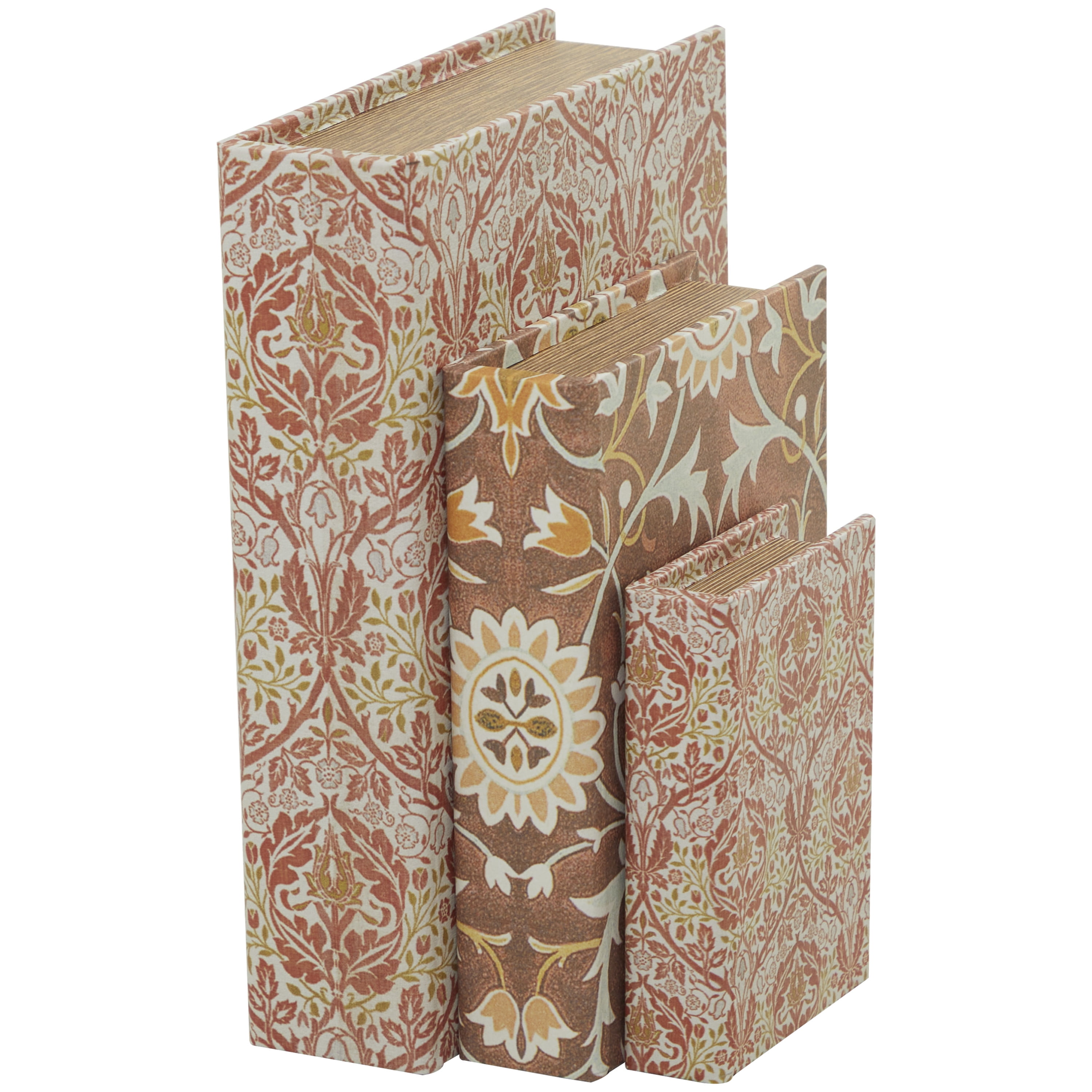 DecMode Faux Book Orange Faux Leather Decorative Box with Varying Patterns, 3 Count