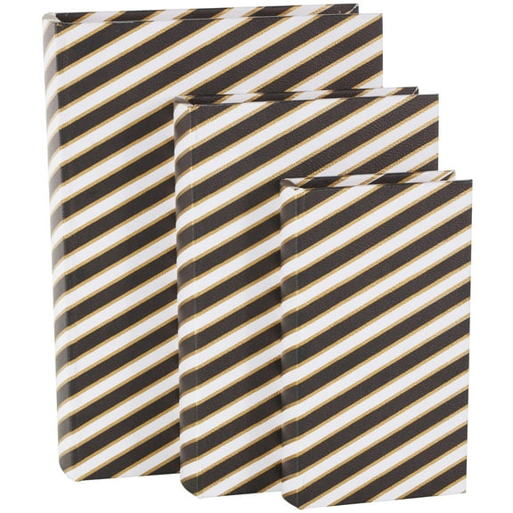 DecMode Striped Faux Book Storage Black Faux Leather Decorative Box with White and Metallic Gold Accents, 3 Count