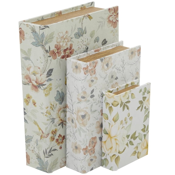 DecMode Floral Faux Book Storage White Canvas Decorative Box with Pink and Blue Accents, 3 Count