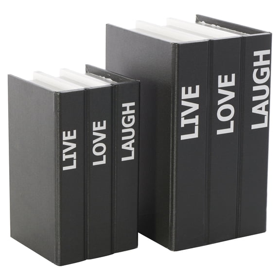 DecMode Faux Storage Book Black Canvas Decorative Box with White Live, Laugh, Love Text, 2 Count
