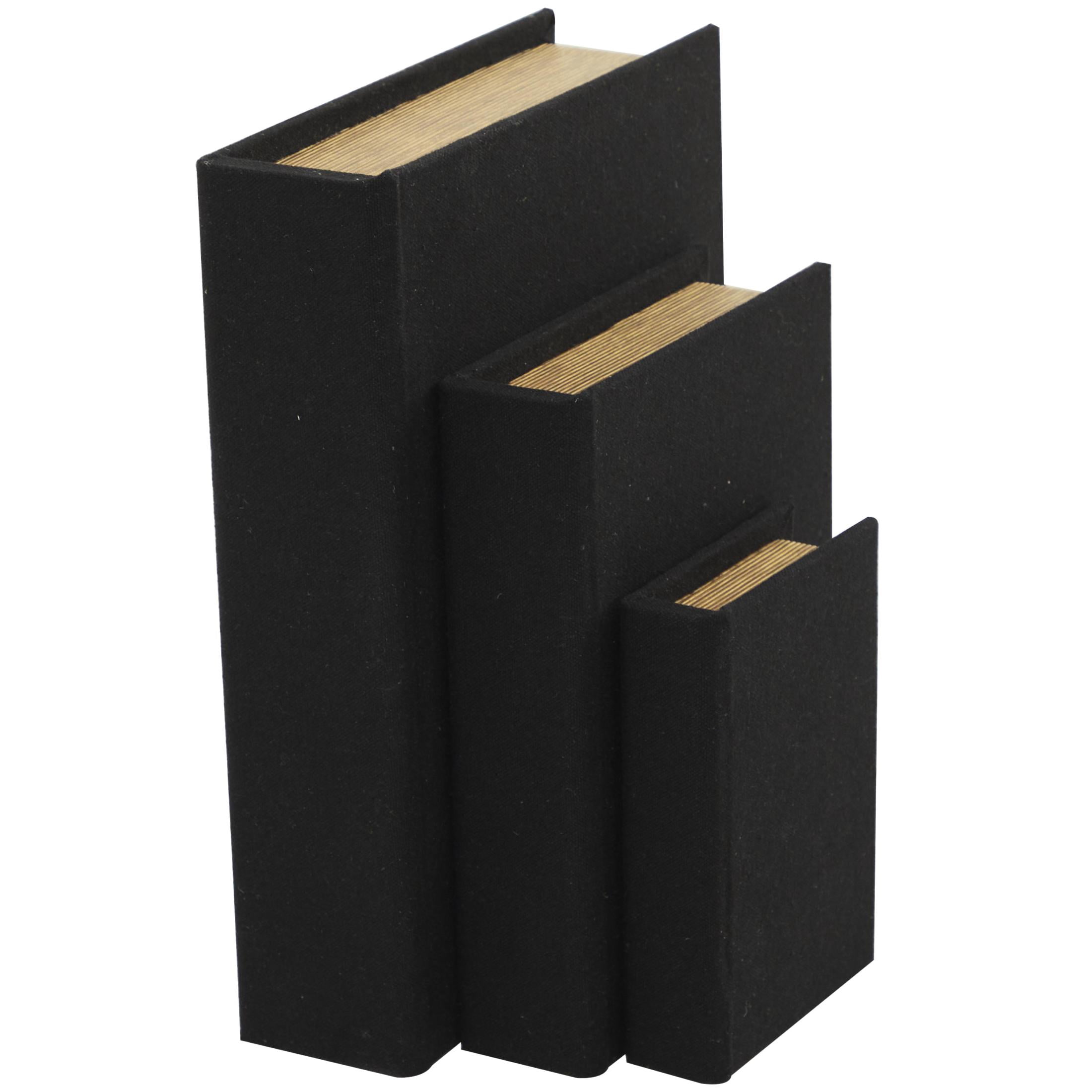 DecMode Textured Faux Book Storage Black Linen Fabric Decorative Box with Gold Page Detailing, 3 Count