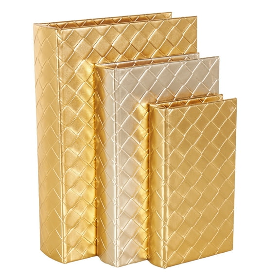 DecMode Geometric Metallic Textured Diamond Faux Book Storage Gold Faux Leather Decorative Box, 3 Count