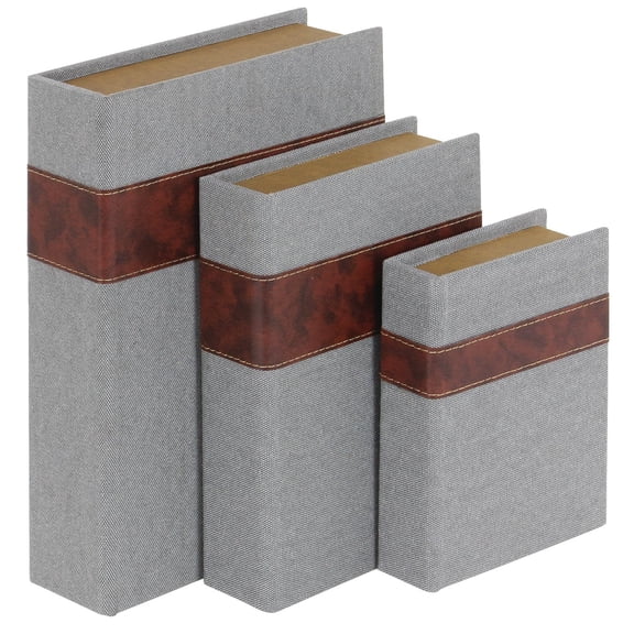 DecMode Faux Storage Book Gray Linen Fabric Decorative Box with Faux Leather Detailing, 3 Count