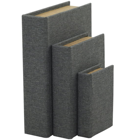 DecMode Textured Faux Book Storage Dark Gray Linen Fabric Decorative Box with Gold Page Detailing, 3 Count