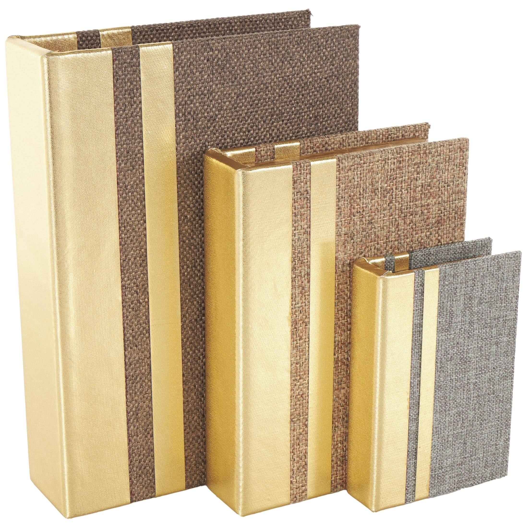 DecMode Textured Faux Book Storage Brown Linen Fabric Decorative Box with Gold Faux Leather, 3 Count