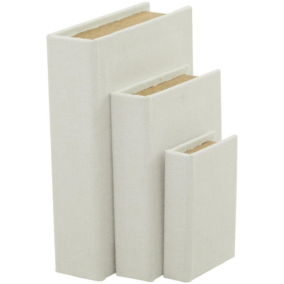 DecMode Textured Faux Book Storage White Linen Fabric Decorative Box with Gold Page Detailing, 3 Count