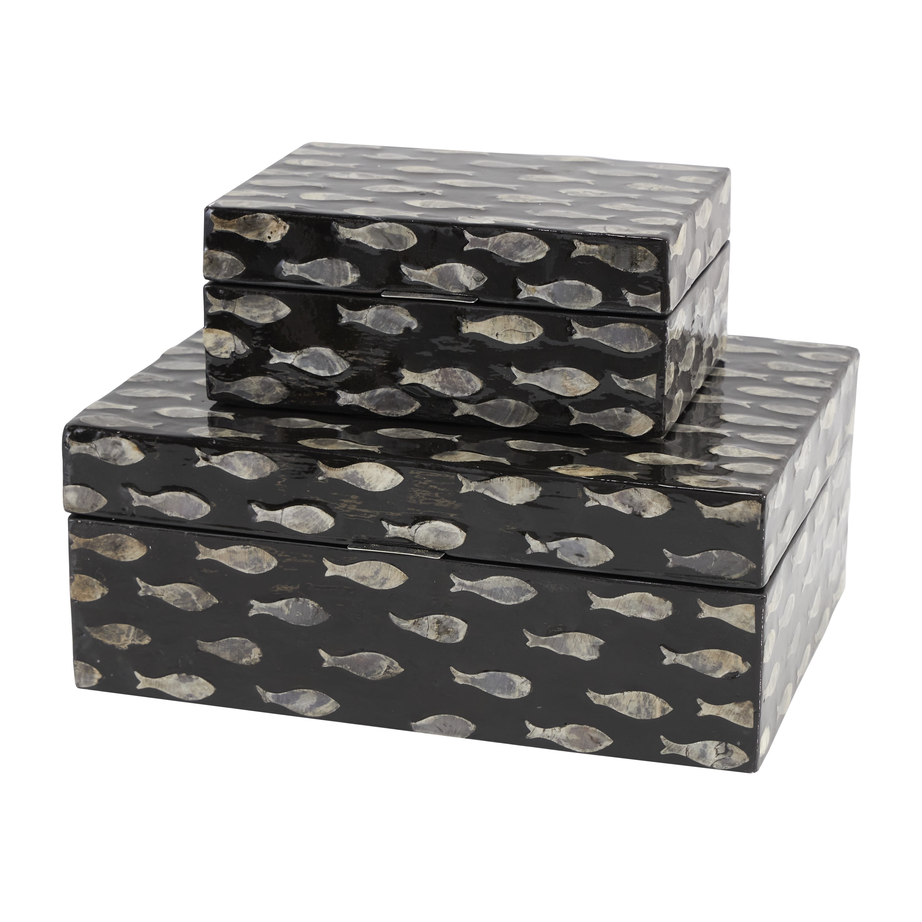 DecMode Fish Mother of Pearl Shell Decorative Box with Beige Accents, 2 Count