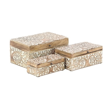 DecMode Floral Brown Mango Wood Decorative Box with Hinged Lid, 3 Count