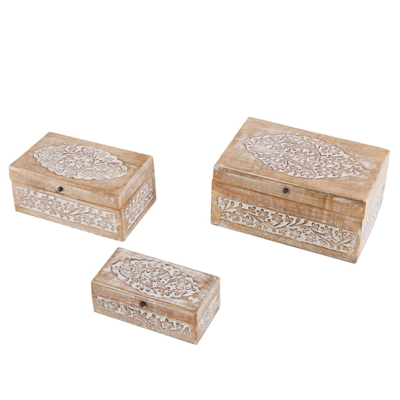 DecMode Floral Cream Mango Wood Decorative Box with Hinged Lid, 3 Count
