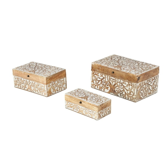 DecMode Tree Carved Brown Mango Wood Decorative Box with White Backing, 3 Count