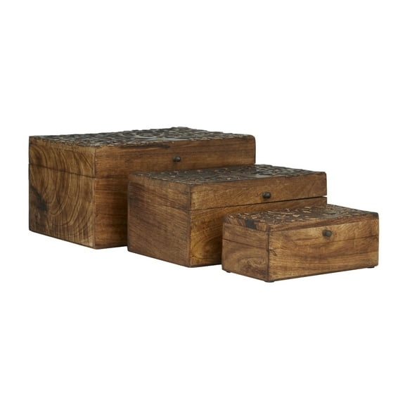 DecMode Floral Handmade Brown Mango Wood Decorative Box with Hinged Lid, 3 Count