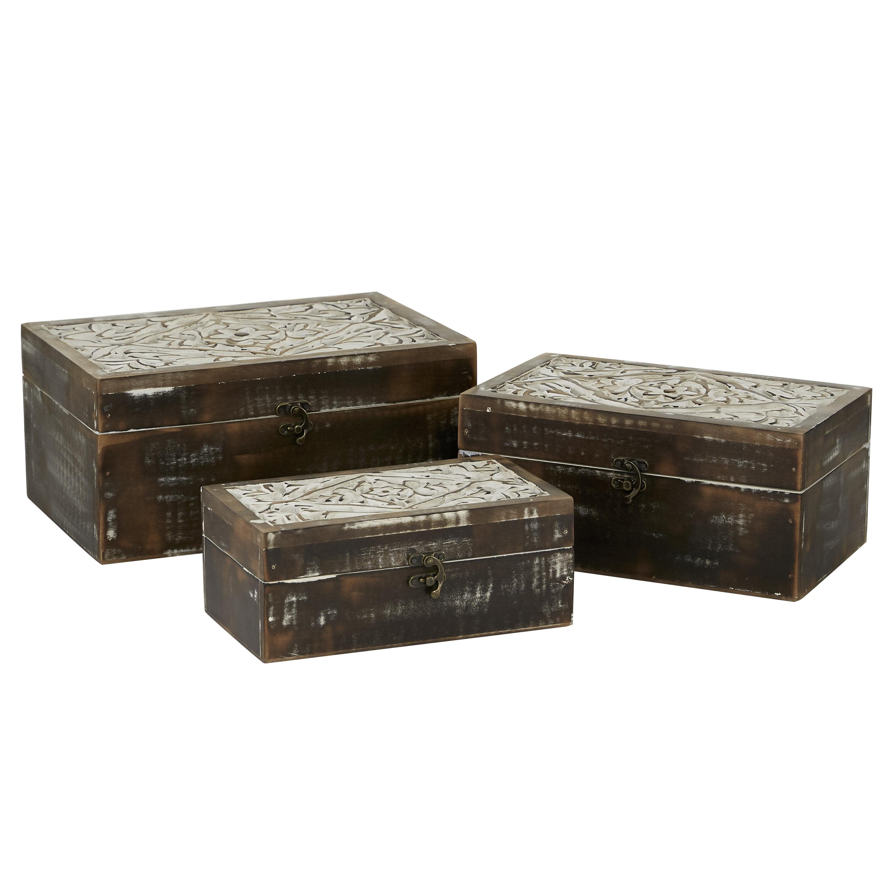 Handmade Brown Mango Wood Floral Decorative Box Set with Hinged Lid