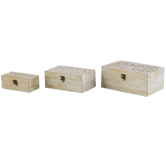 DecMode Floral Handmade White Mango Wood Decorative Box with Hinged Lid, 3 Count