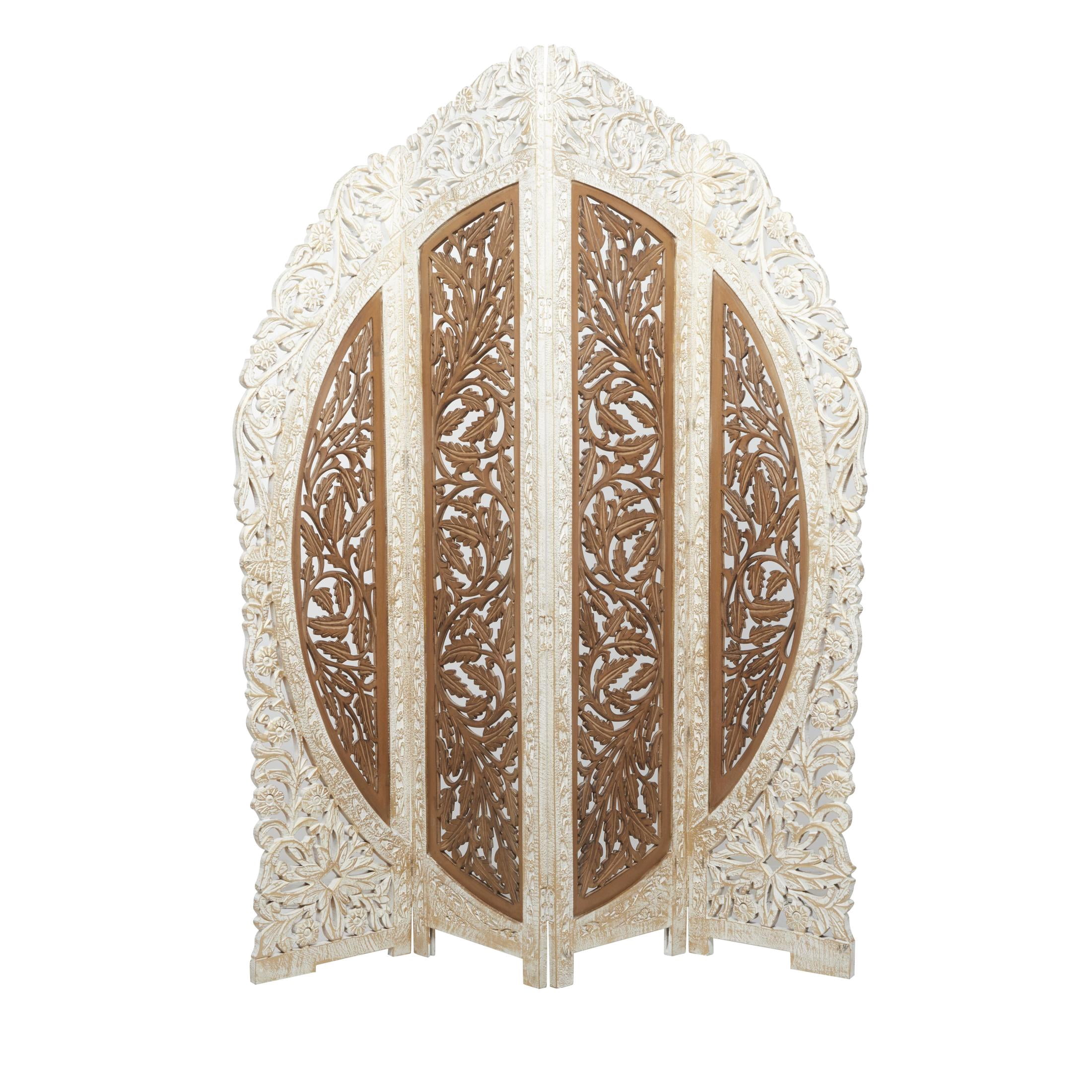 DecMode French Country Wood Foldable 4 Panel Room Divider Screen with Floral Carvings and Brown/White Distressed Finish, 62"W x 72"H