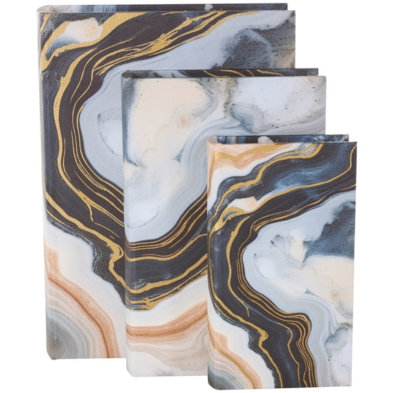 DecMode Geode Faux Book Storage Blue Faux Leather Decorative Box with Metallic Gold Accents, 3 Count