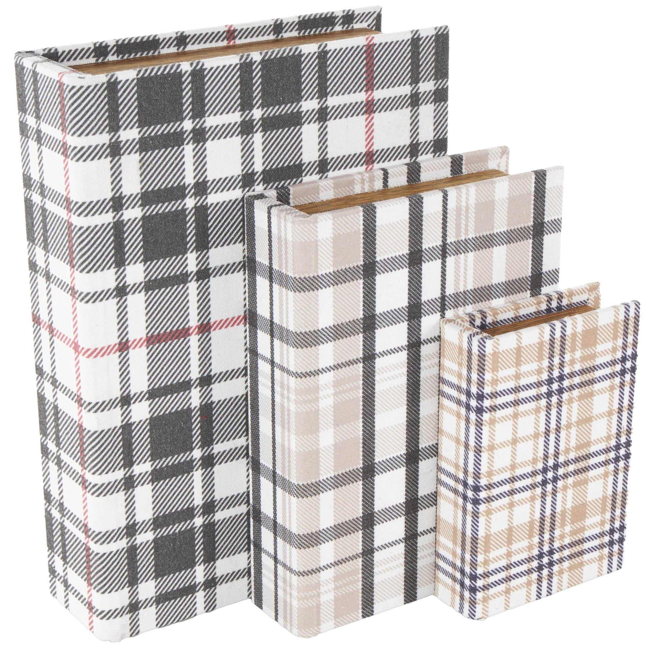 DecMode Geometric Plaid Faux Book Storage Multi Colored Canvas Decorative Box with Red and Purple Accents, 3 Count