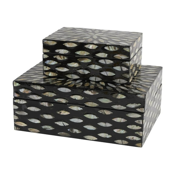 DecMode Floral Black Mother of Pearl Shell Decorative Box with Beige Accents, 2 Count